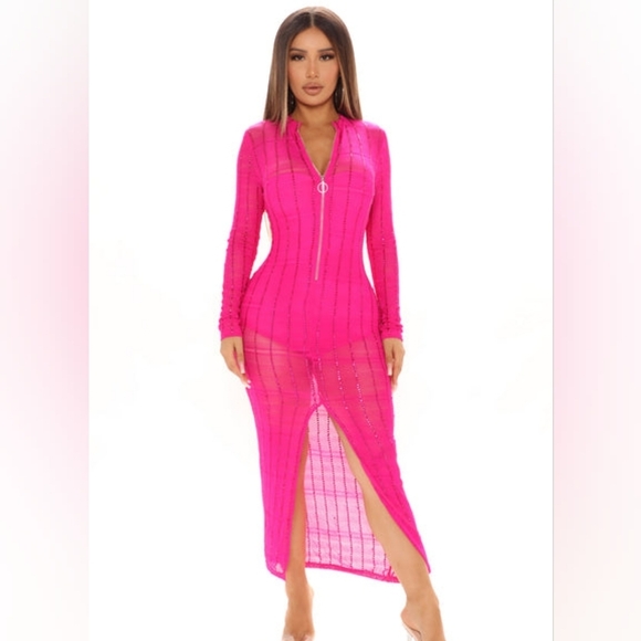 Fashion Nova Dresses & Skirts - Fashion Nova Hot Pink Rhinestone Bodycon Midi Dress Size S NWT